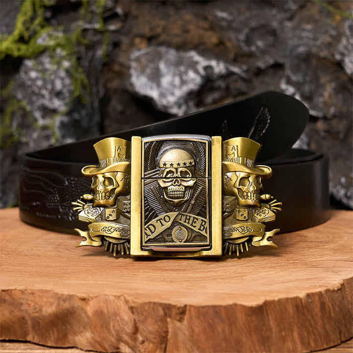 Herren DIY Triple Joker Schädel Bronze Ledergürtel mit verstecktem Feuerzeug