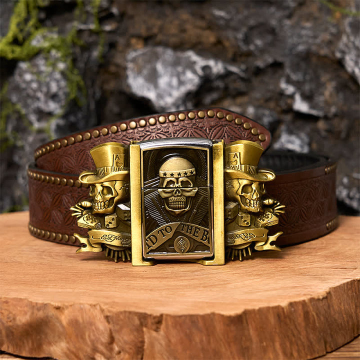 Herren DIY Triple Joker Schädel Bronze Ledergürtel mit verstecktem Feuerzeug