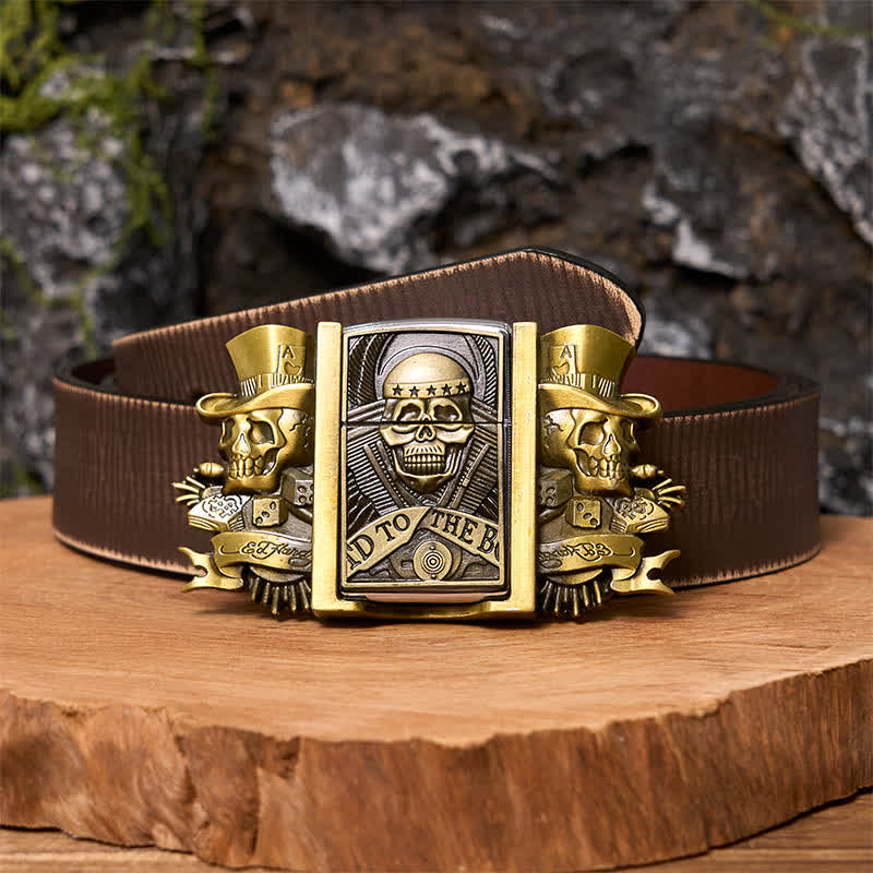 Herren DIY Triple Joker Schädel Bronze Ledergürtel mit verstecktem Feuerzeug