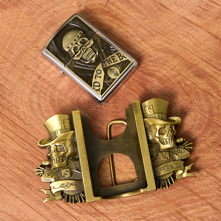 Herren DIY Triple Joker Schädel Bronze Ledergürtel mit verstecktem Feuerzeug