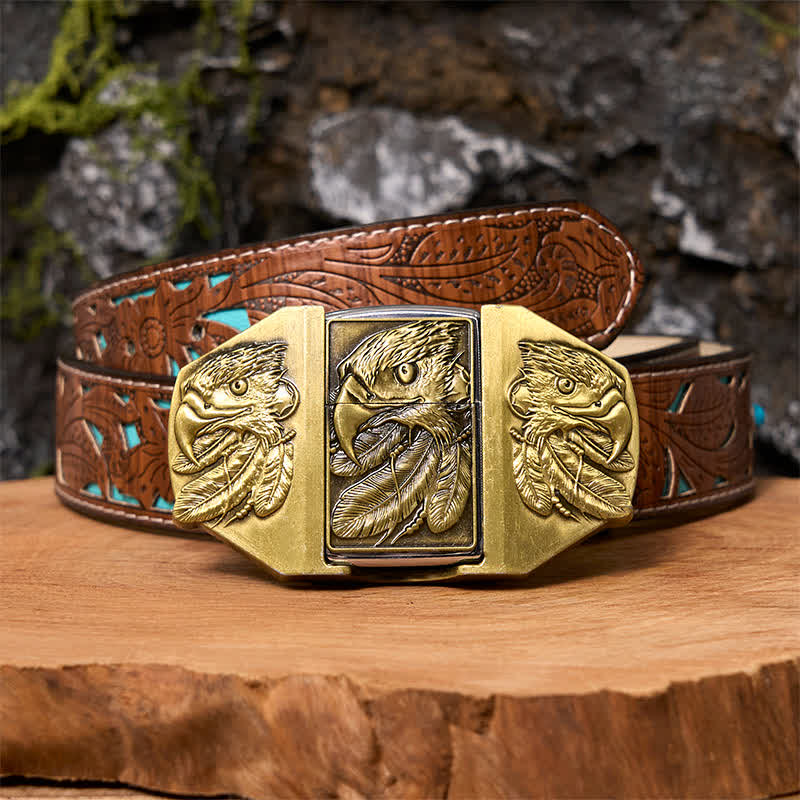 Männlicher DIY Bronze Triple Adler Leder Gürtel mit verborgenem Feuerzeug
