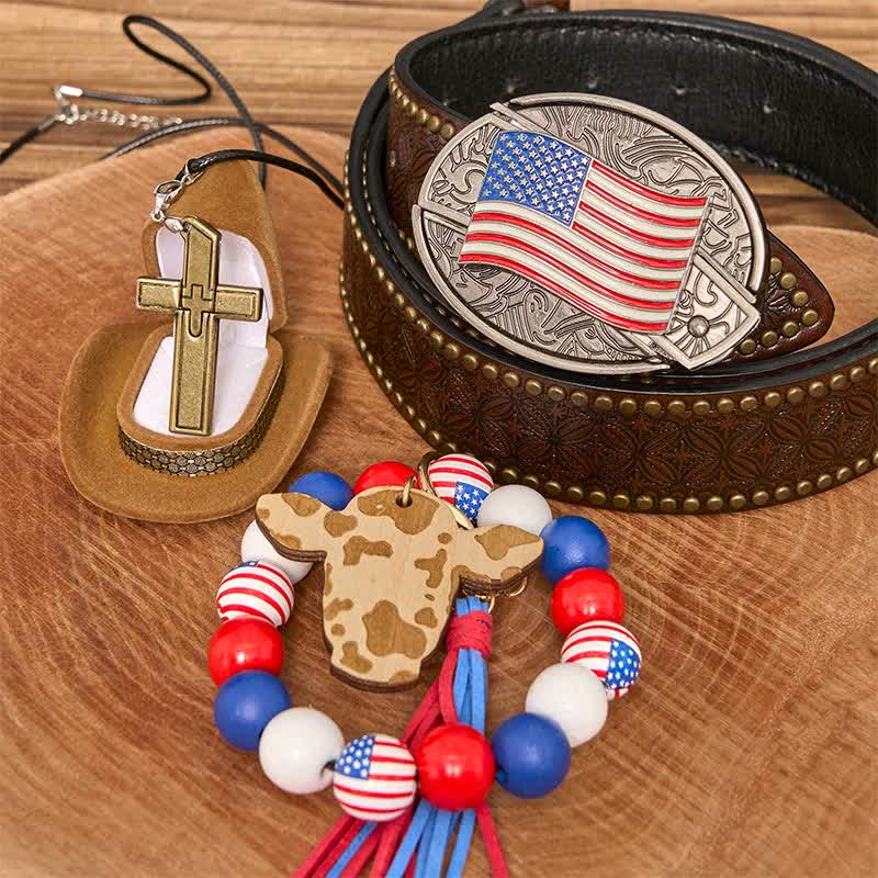 Amerikanische Flagge DIY verstecktes Messer Gürtelschnalle Armband Kreuz Halskette Bundle Set
