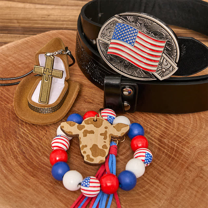 Amerikanische Flagge DIY verstecktes Messer Gürtelschnalle Armband Kreuz Halskette Bundle Set