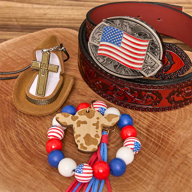 Amerikanische Flagge DIY verstecktes Messer Gürtelschnalle Armband Kreuz Halskette Bundle Set