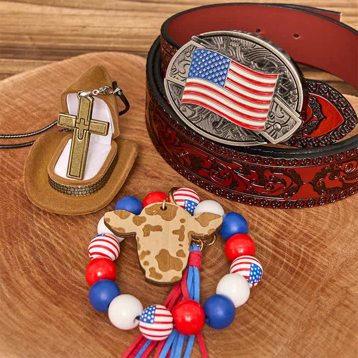 Amerikanische Flagge DIY verstecktes Messer Gürtelschnalle Armband Kreuz Halskette Bundle Set