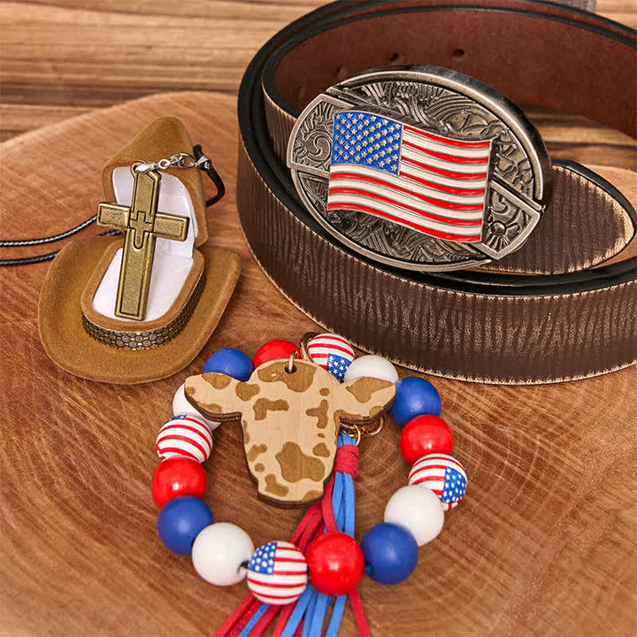 Amerikanische Flagge DIY verstecktes Messer Gürtelschnalle Armband Kreuz Halskette Bundle Set