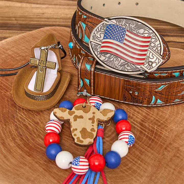 Amerikanische Flagge DIY verstecktes Messer Gürtelschnalle Armband Kreuz Halskette Bundle Set