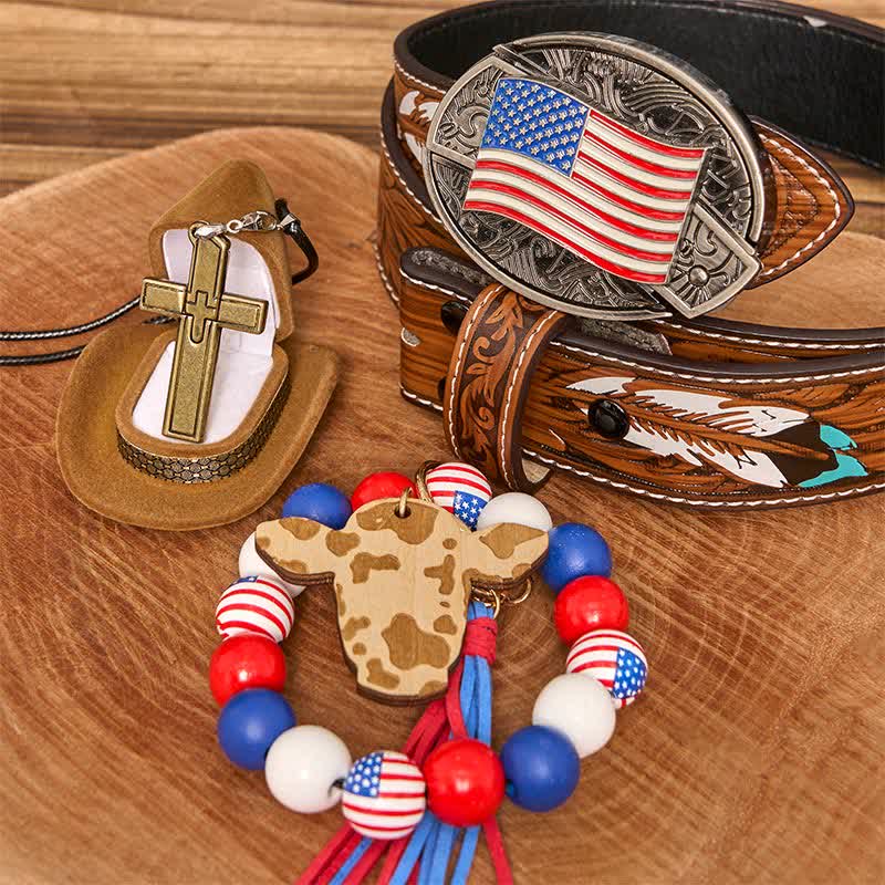 Amerikanische Flagge DIY verstecktes Messer Gürtelschnalle Armband Kreuz Halskette Bundle Set