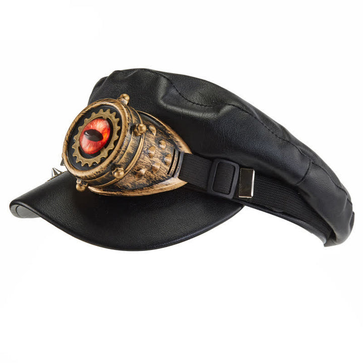Steampunk Gear Goggler Baskenmütze aus schwarzem Leder