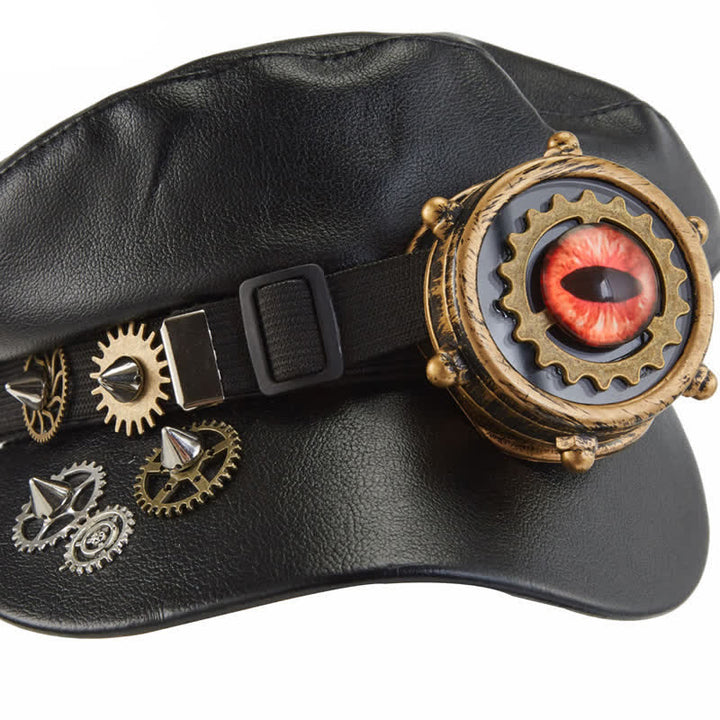 Steampunk Gear Goggler Baskenmütze aus schwarzem Leder