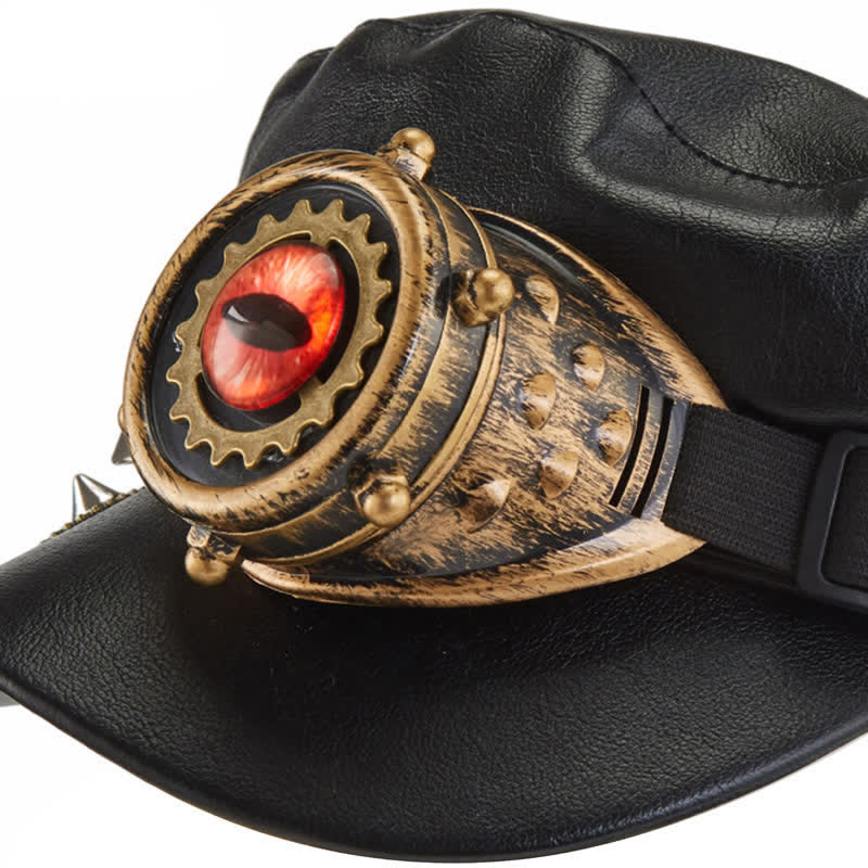 Steampunk Gear Goggler Baskenmütze aus schwarzem Leder