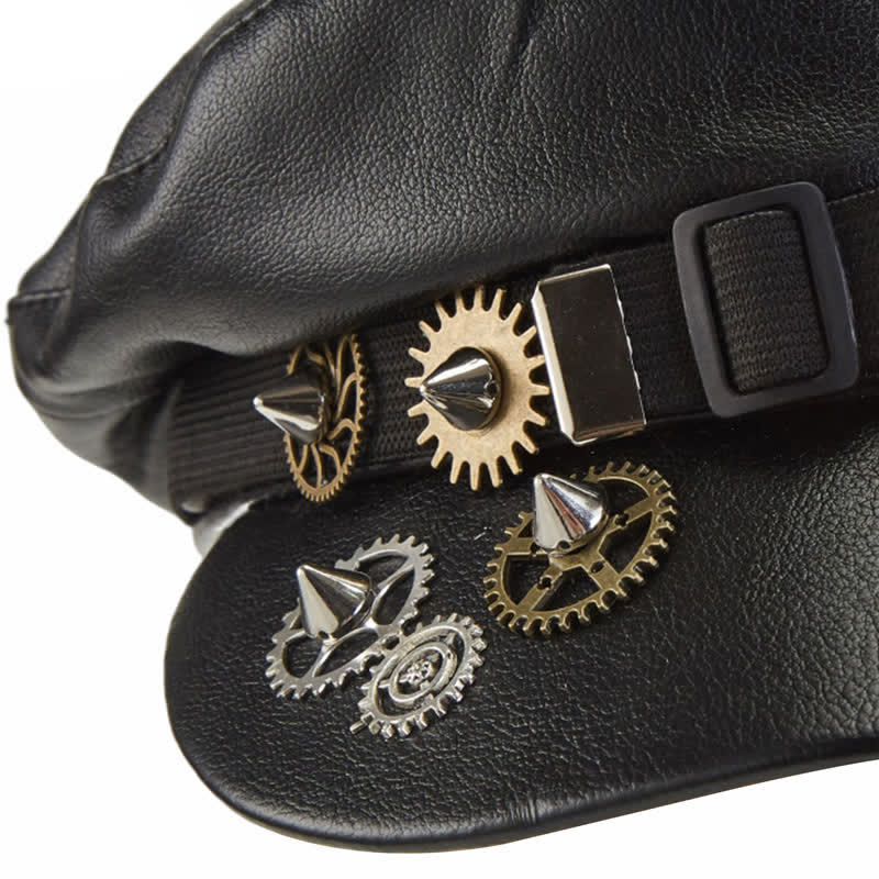 Steampunk Gear Goggler Baskenmütze aus schwarzem Leder