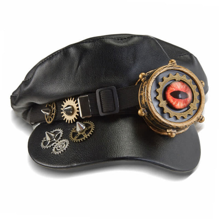 Steampunk Gear Goggler Baskenmütze aus schwarzem Leder