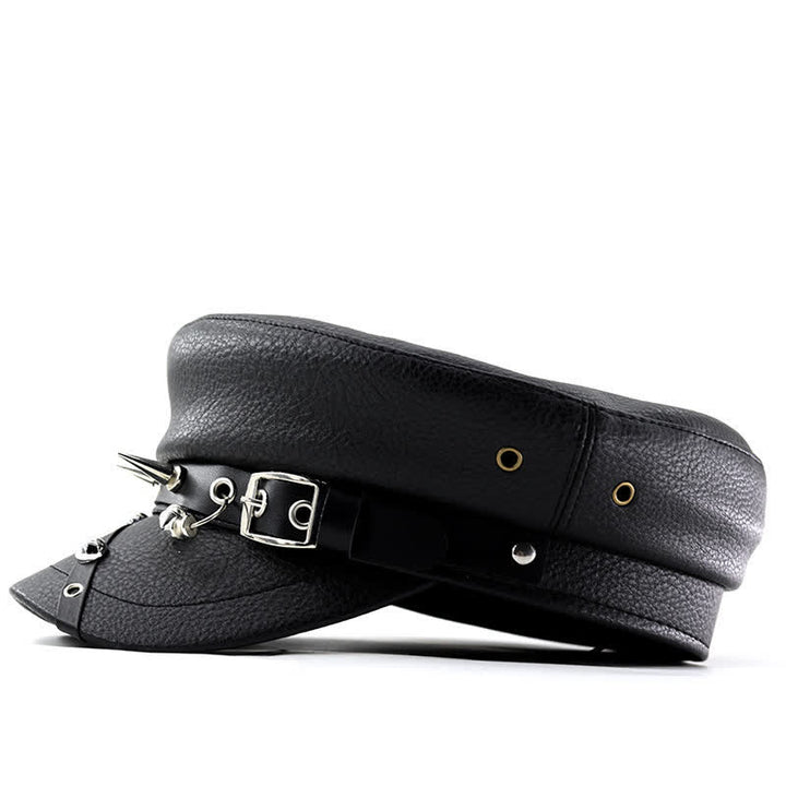 Damen Punk Rivet Navy Cap Schwarze Leder Baskenmütze