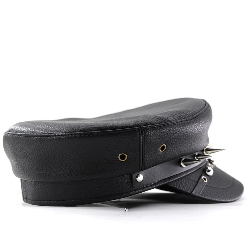 Damen Punk Rivet Navy Cap Schwarze Leder Baskenmütze