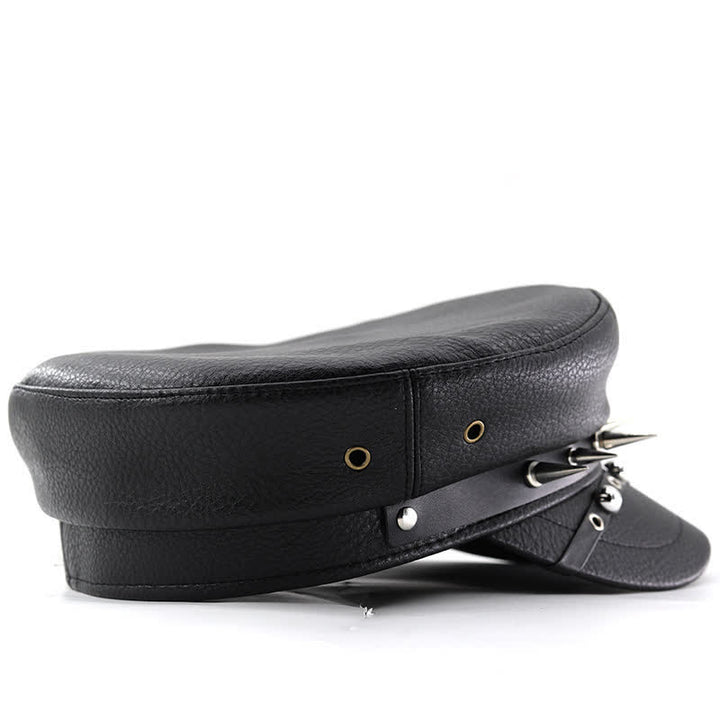 Damen Punk Rivet Navy Cap Schwarze Leder Baskenmütze