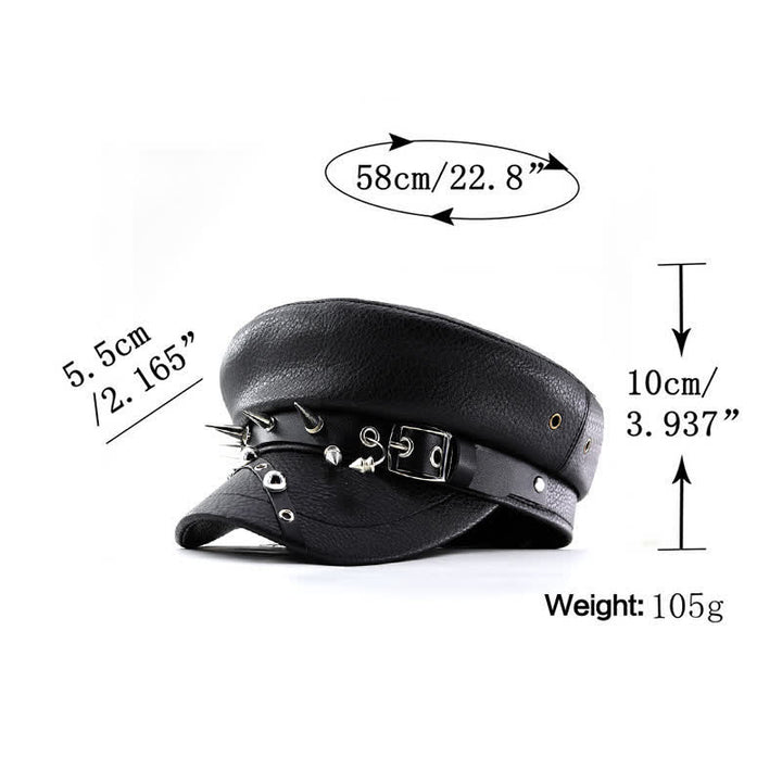 Damen Punk Rivet Navy Cap Schwarze Leder Baskenmütze