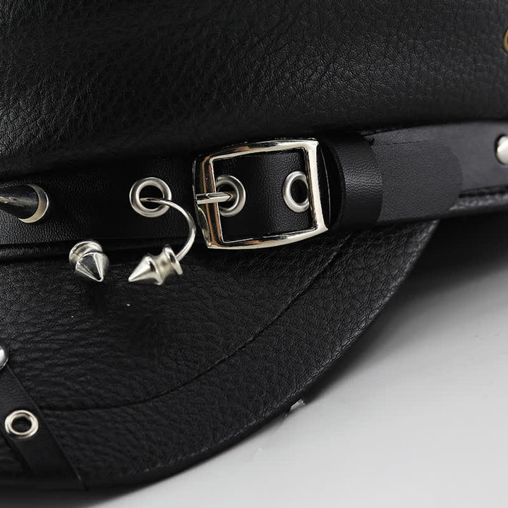 Damen Punk Rivet Navy Cap Schwarze Leder Baskenmütze