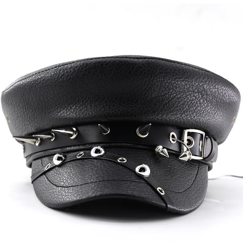Damen Punk Rivet Navy Cap Schwarze Leder Baskenmütze
