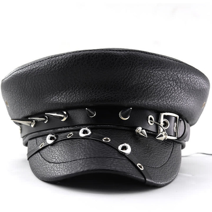 Damen Punk Rivet Navy Cap Schwarze Leder Baskenmütze