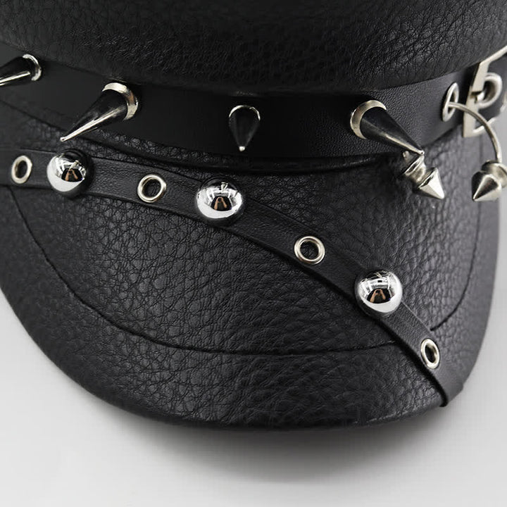 Damen Punk Rivet Navy Cap Schwarze Leder Baskenmütze