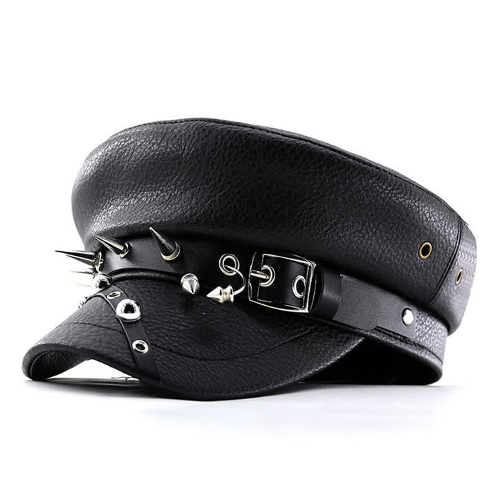 Damen Punk Rivet Navy Cap Schwarze Leder Baskenmütze