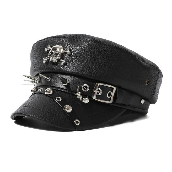 Damen Stilvolle Totenkopf-Nieten-Marine-Kappe Schwarze Leder-Baskenmütze