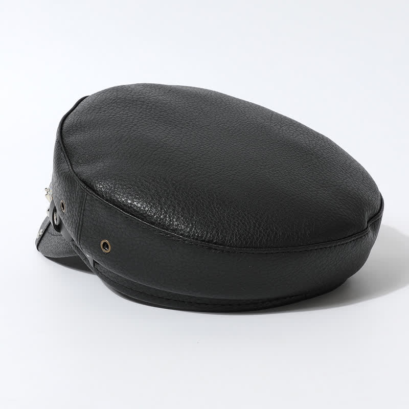 Damen Stilvolle Totenkopf-Nieten-Marine-Kappe Schwarze Leder-Baskenmütze