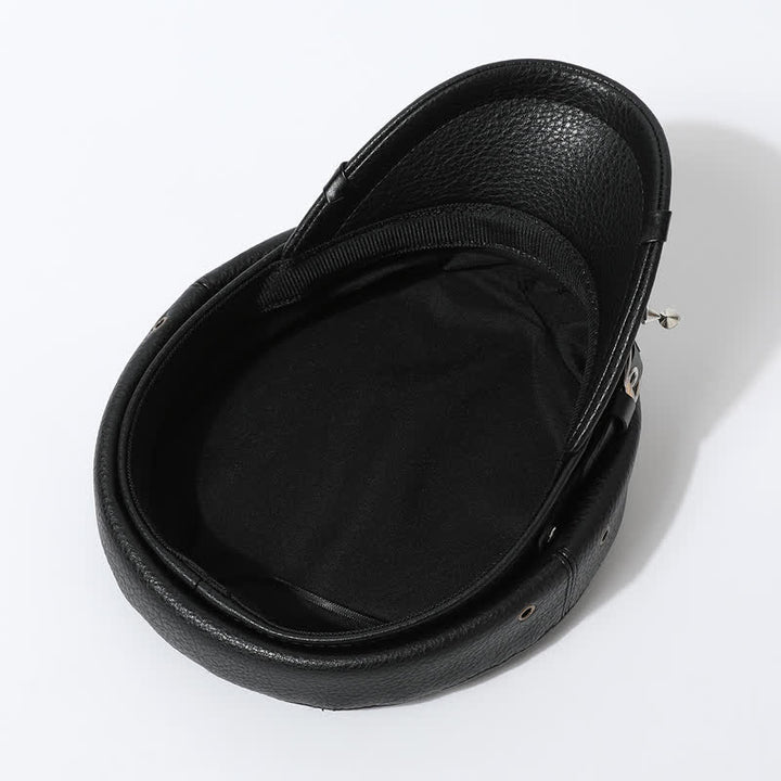 Damen Stilvolle Totenkopf-Nieten-Marine-Kappe Schwarze Leder-Baskenmütze