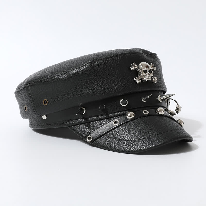 Damen Stilvolle Totenkopf-Nieten-Marine-Kappe Schwarze Leder-Baskenmütze