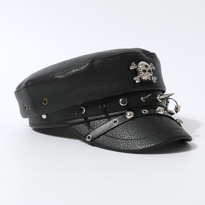 Damen Stilvolle Totenkopf-Nieten-Marine-Kappe Schwarze Leder-Baskenmütze