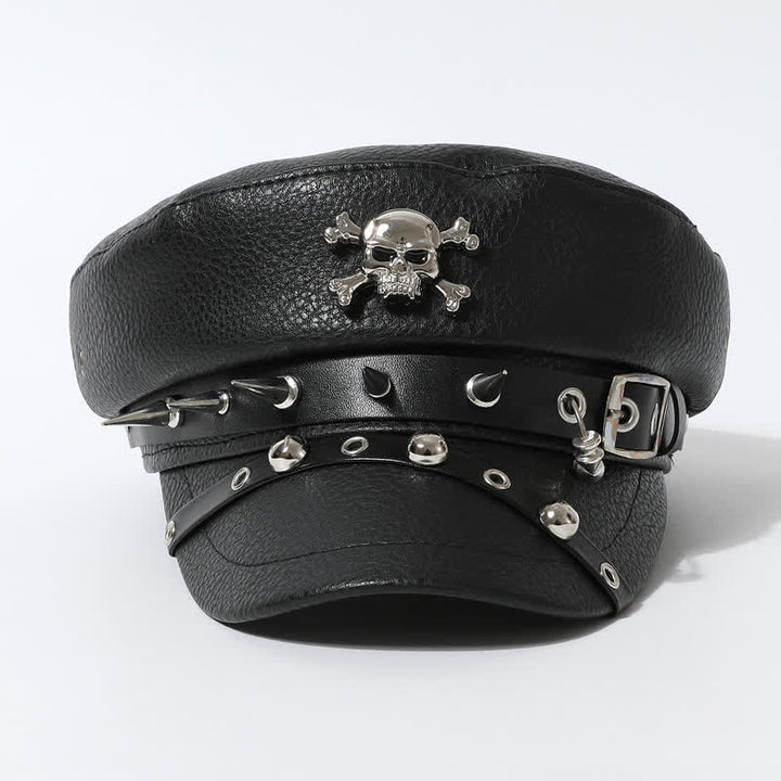 Damen Stilvolle Totenkopf-Nieten-Marine-Kappe Schwarze Leder-Baskenmütze