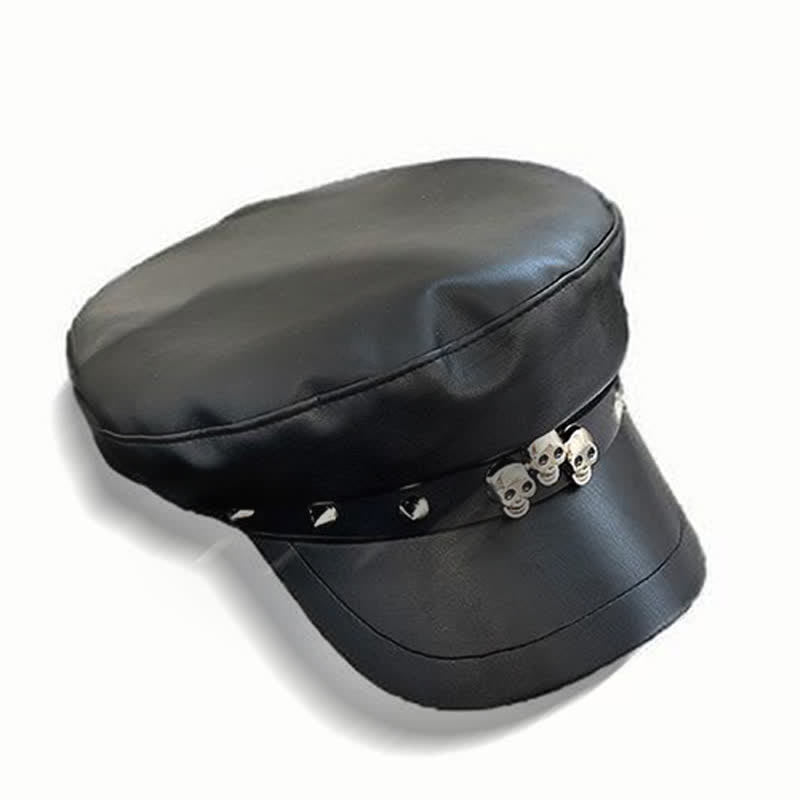 Unisex Barettmütze aus Leder im dunklen Stil mit Totenkopf-Nieten