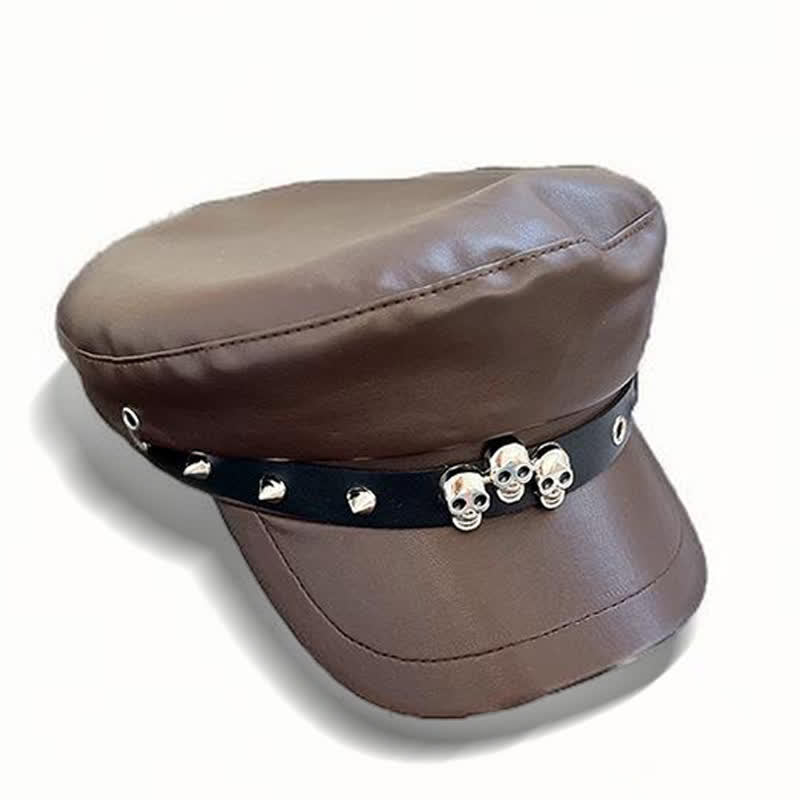 Unisex Barettmütze aus Leder im dunklen Stil mit Totenkopf-Nieten