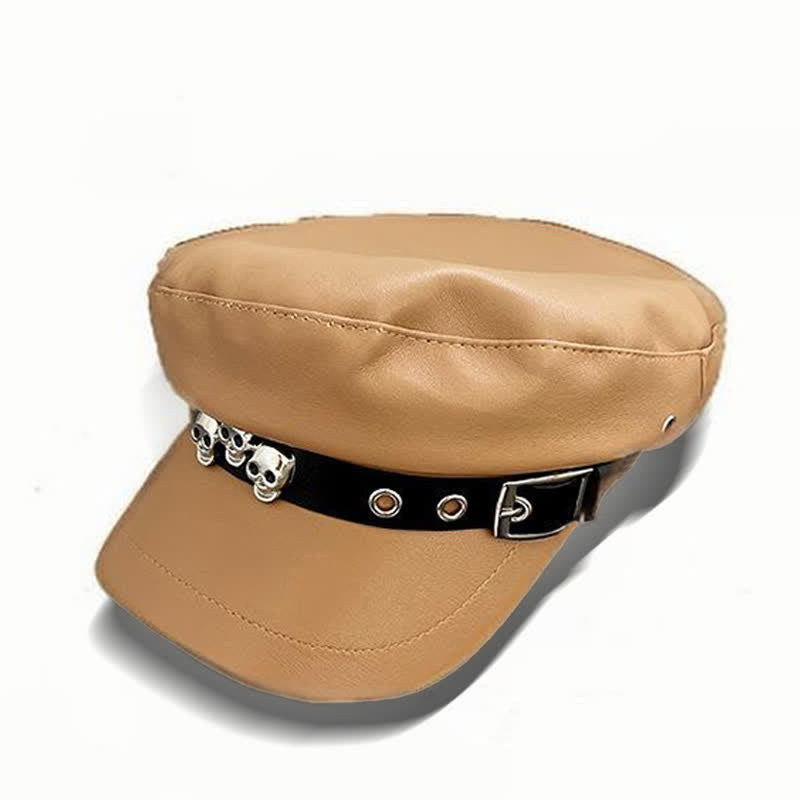 Unisex Barettmütze aus Leder im dunklen Stil mit Totenkopf-Nieten