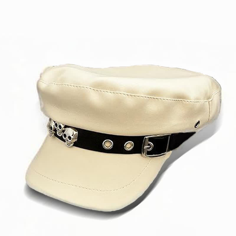 Unisex Barettmütze aus Leder im dunklen Stil mit Totenkopf-Nieten