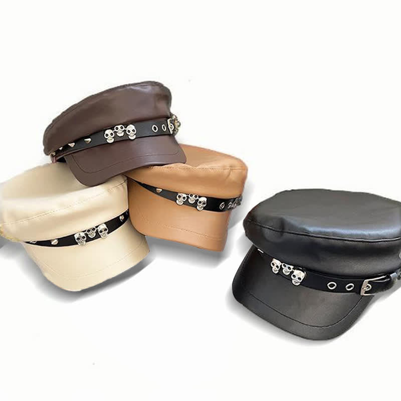 Unisex Barettmütze aus Leder im dunklen Stil mit Totenkopf-Nieten