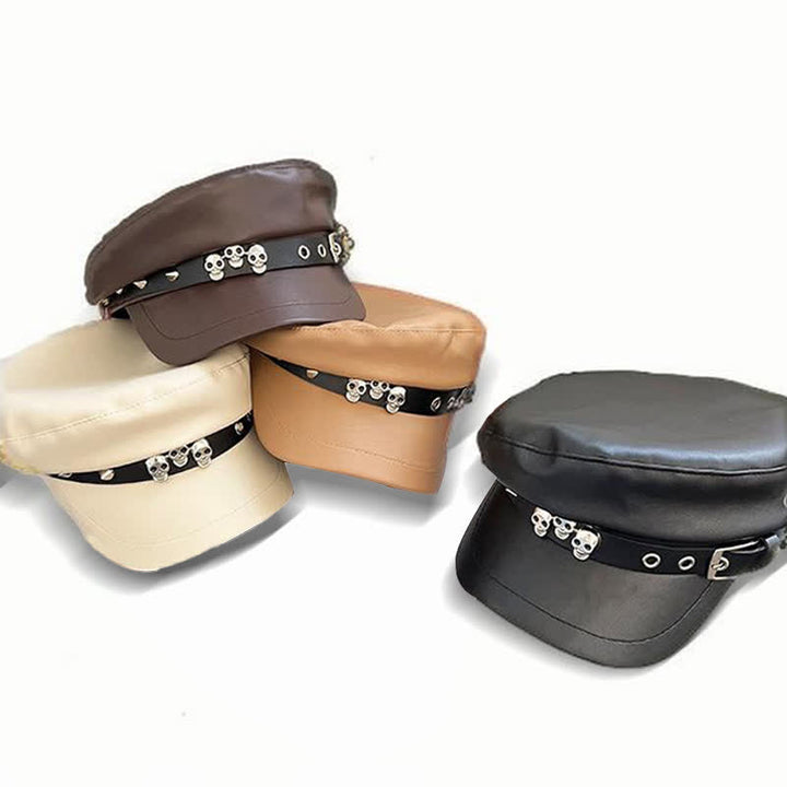 Unisex Barettmütze aus Leder im dunklen Stil mit Totenkopf-Nieten