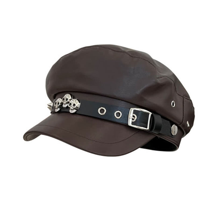 Unisex Barettmütze aus Leder im dunklen Stil mit Totenkopf-Nieten