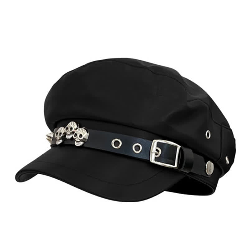 Unisex Barettmütze aus Leder im dunklen Stil mit Totenkopf-Nieten