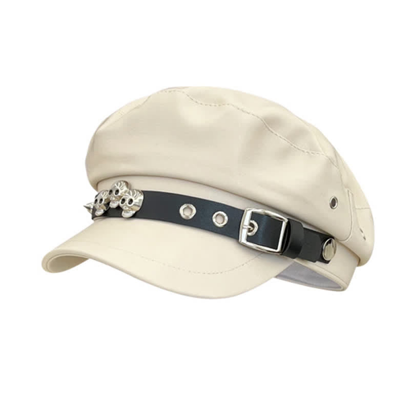 Unisex Barettmütze aus Leder im dunklen Stil mit Totenkopf-Nieten