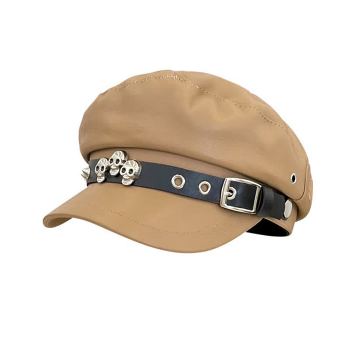 Unisex Barettmütze aus Leder im dunklen Stil mit Totenkopf-Nieten