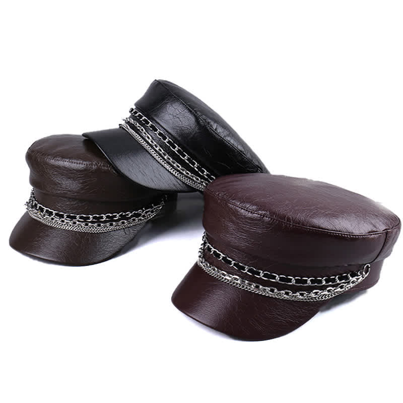 Damen Baskenmütze aus schwarzem Leder mit verzierter Kette und flachem Oberteil