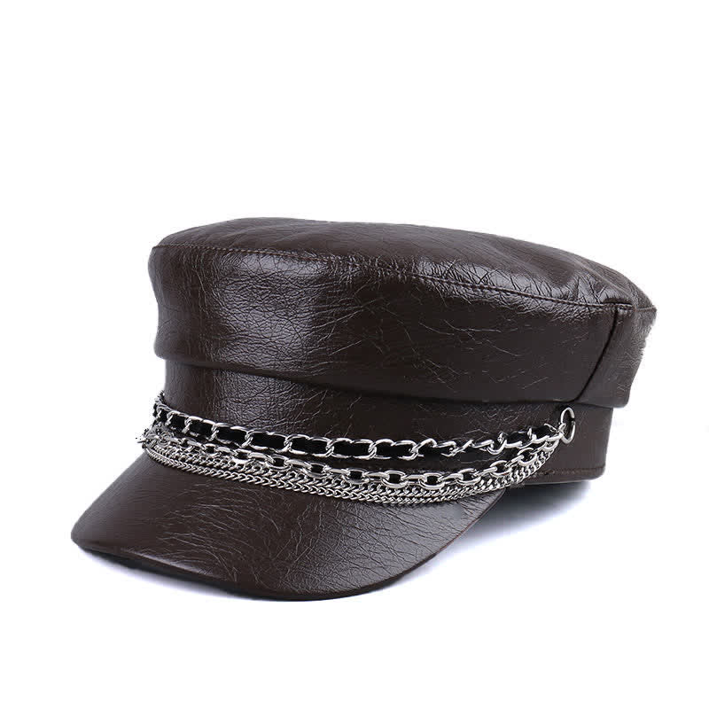 Damen Baskenmütze aus schwarzem Leder mit verzierter Kette und flachem Oberteil