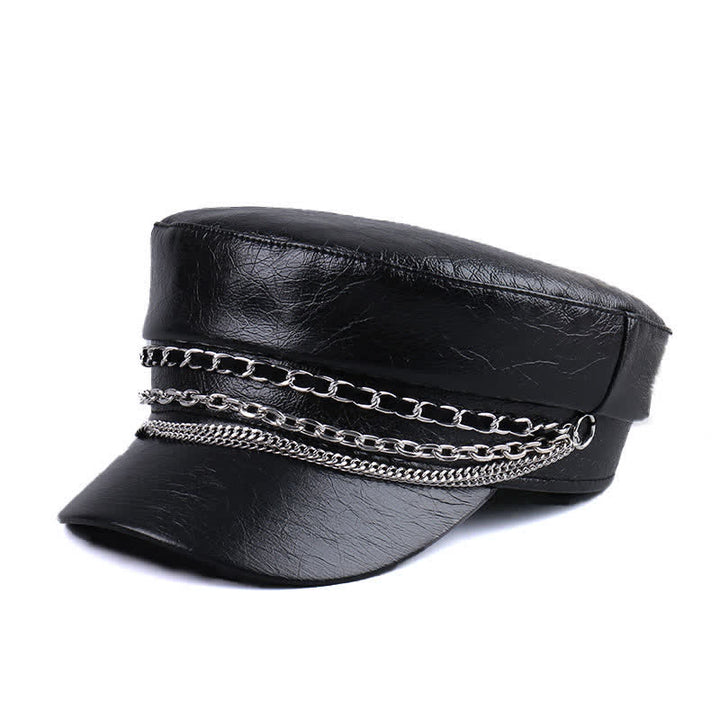 Damen Baskenmütze aus schwarzem Leder mit verzierter Kette und flachem Oberteil