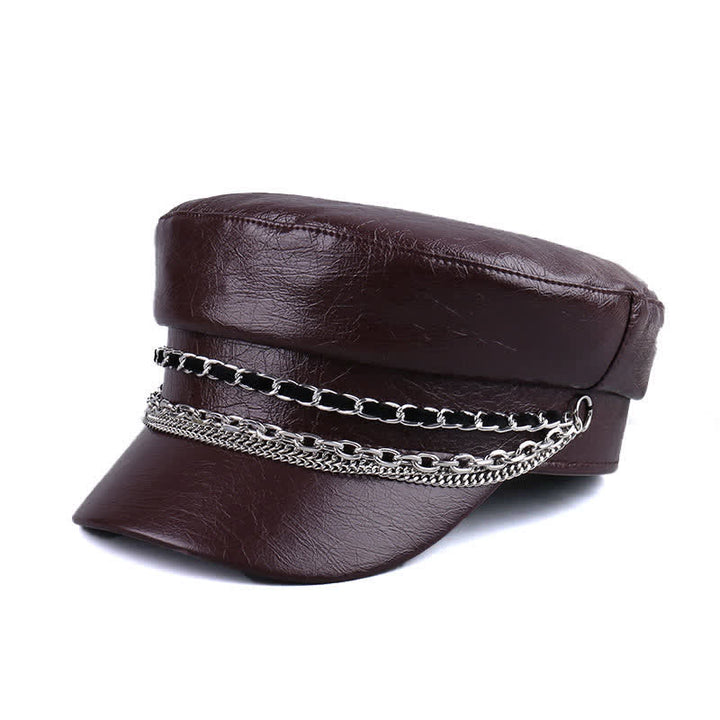 Damen Baskenmütze aus schwarzem Leder mit verzierter Kette und flachem Oberteil