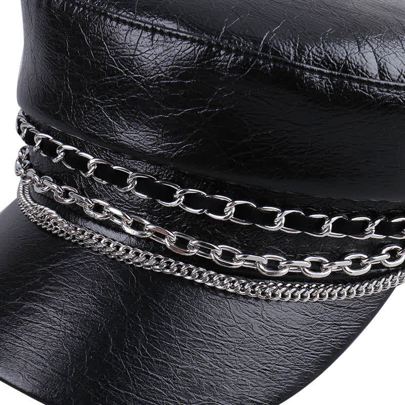 Damen Baskenmütze aus schwarzem Leder mit verzierter Kette und flachem Oberteil