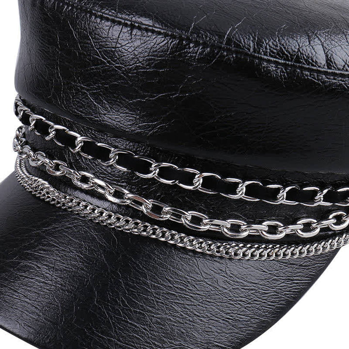 Damen Baskenmütze aus schwarzem Leder mit verzierter Kette und flachem Oberteil