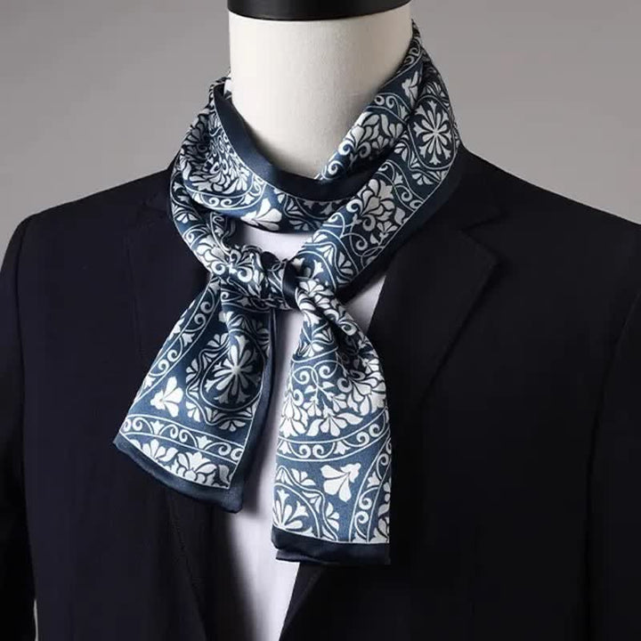 Dünner, langer, doppelseitiger Herrenschal mit blauem und weißem Blumenmuster