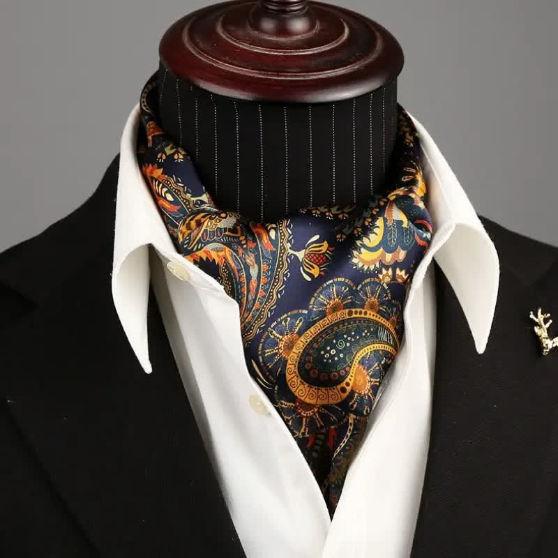 Dünner, langer Seidenschal mit Paisley-Muster für Herren in Marineblau und Gold